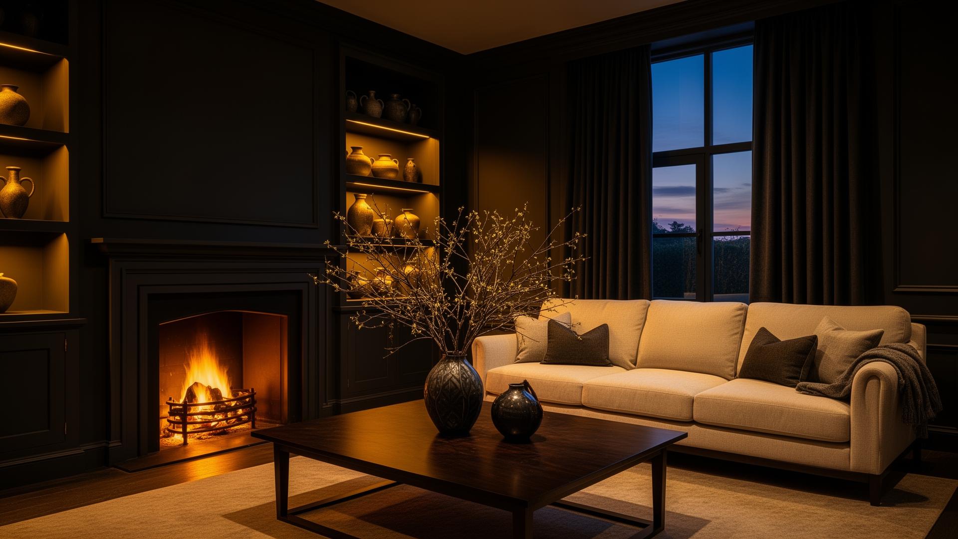 Elegant dark living room with fireplace